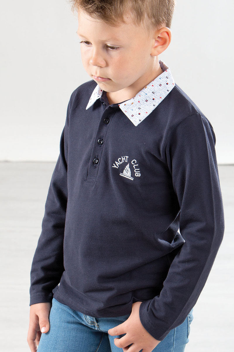 Polo manica lunga in piquet con collo in tela di cotone microfantasia e ricamo laterale