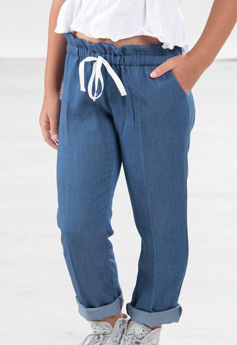 Pantalone in tela jeans con coulisse e risvolto