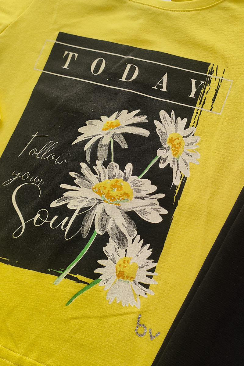 Completo manica lunga in cotone elasticizzato con stampa e leggings in contrasto