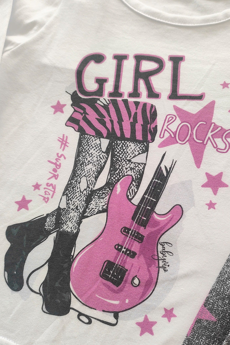 Completo manica lunga in cotone elasticizzato con stampa e leggings fantasia effetto jeans con stelle