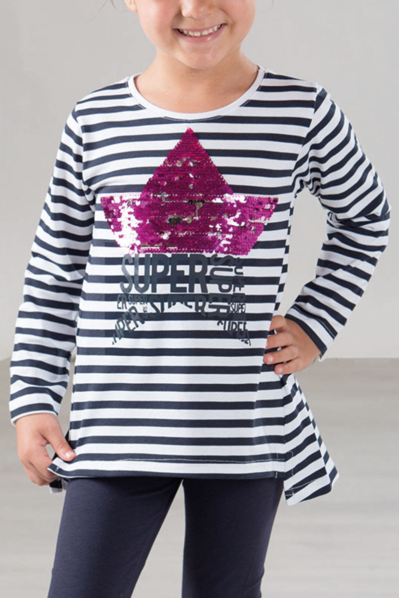 Completo manica lunga in cotone elasticizzato con maglia rigata, stampa con paillettes reversibili e spacchi sul fondo e leggings in contrasto