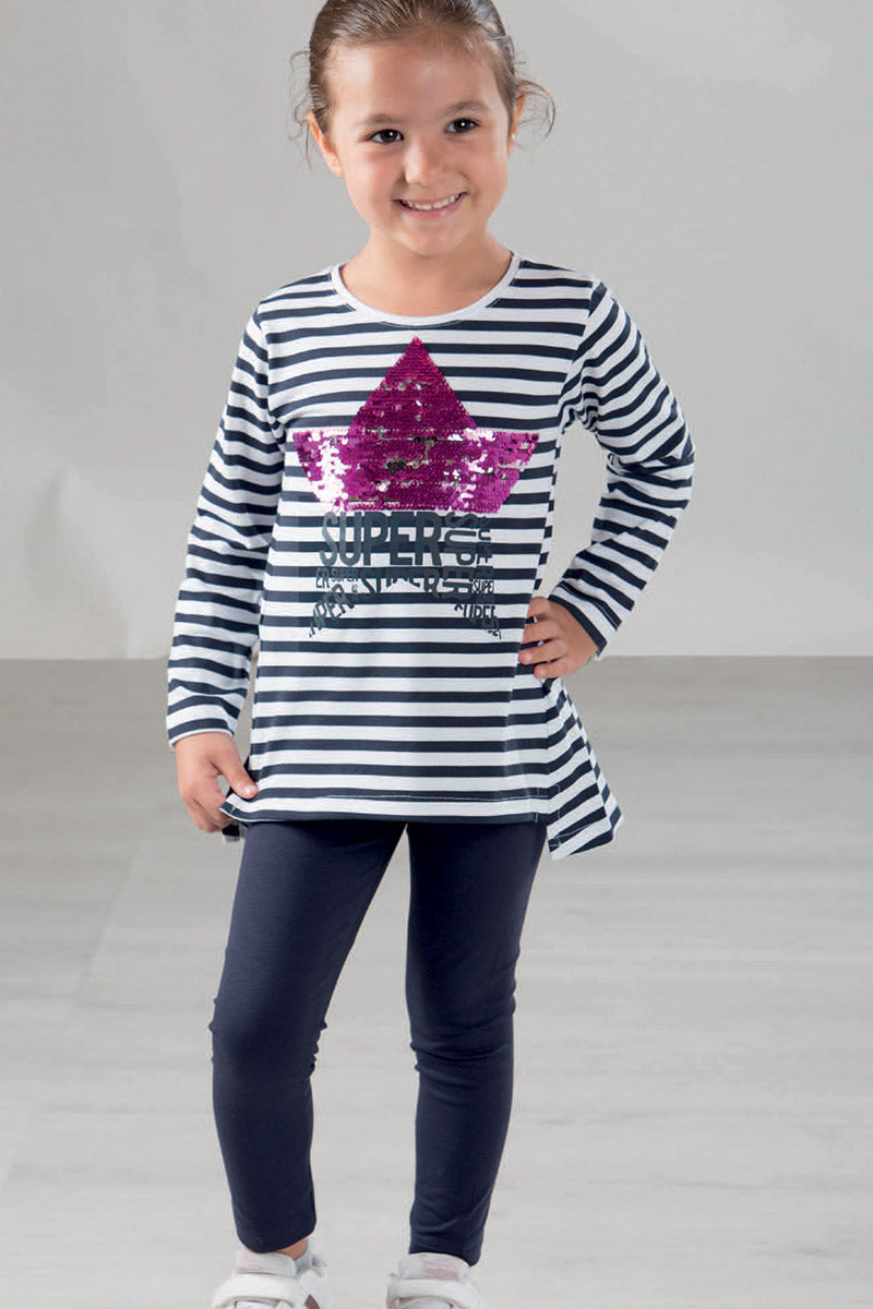 Completo manica lunga in cotone elasticizzato con maglia rigata, stampa con paillettes reversibili e spacchi sul fondo e leggings in contrasto