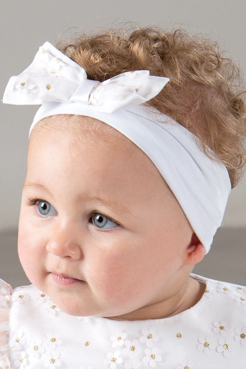 Fascia per capelli in cotone elasticizzato con fiocco in tulle stampato
