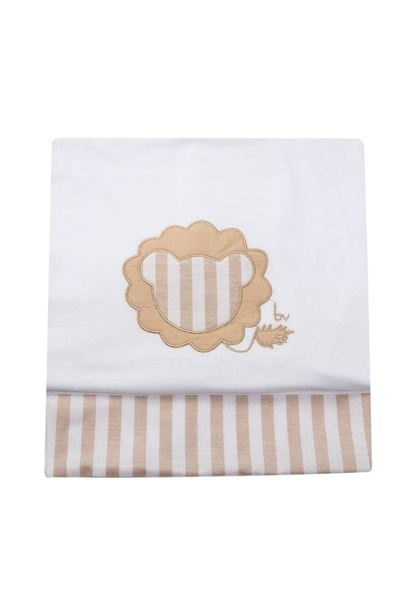 Copertina in piquet ricamo leoncino con inserto in tessuto effetto lino rigato