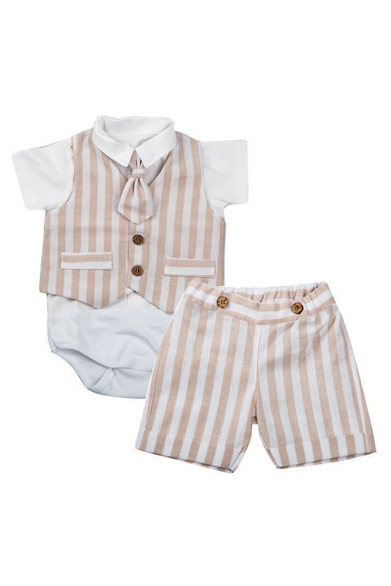 Completo 3 pezzi : Camicia a body in tela di cotone con cravattino rigato + bermuda in tessuto effetto lino rigato e gilet