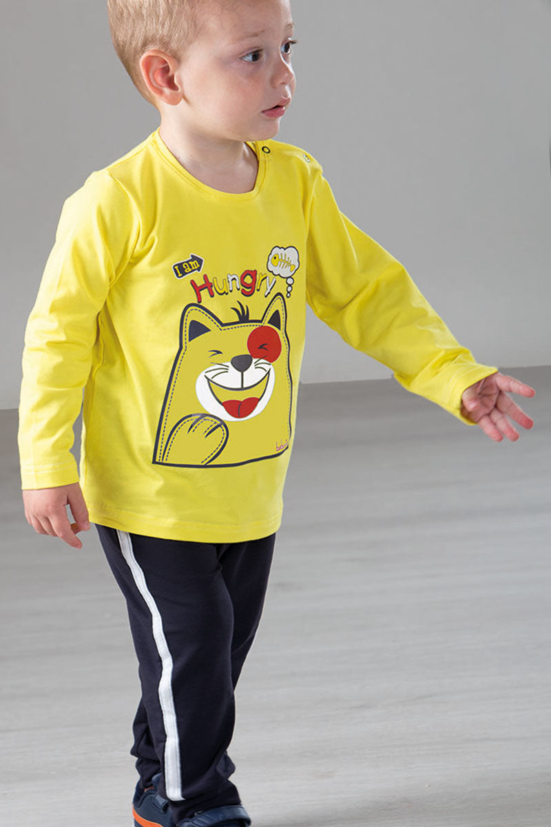 Completo in cotone elasticizzato con stampa e pantalone con bande laterali in contrasto