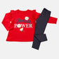 Completo: t-shirt manica lunga in cotone elasticizzato con stampa, rouches su giro maniche + leggings fantasia a pois