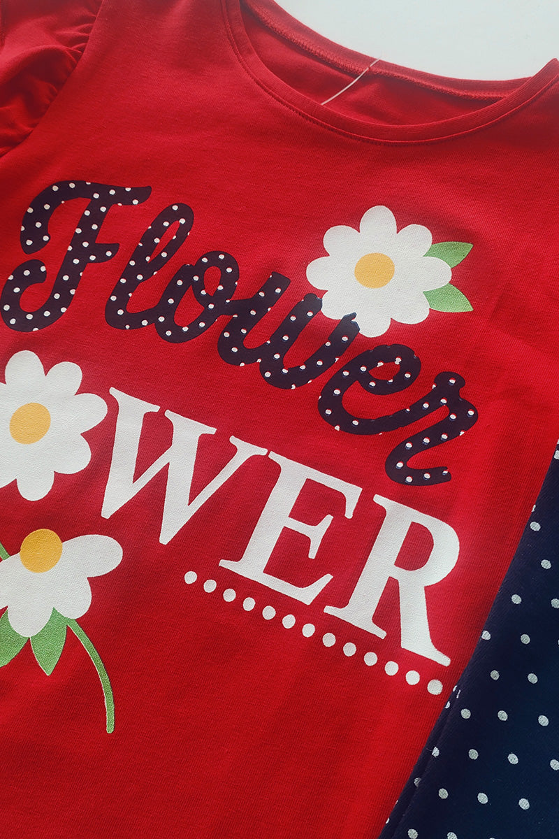 Completo: t-shirt manica lunga in cotone elasticizzato con stampa, rouches su giro maniche + leggings fantasia a pois