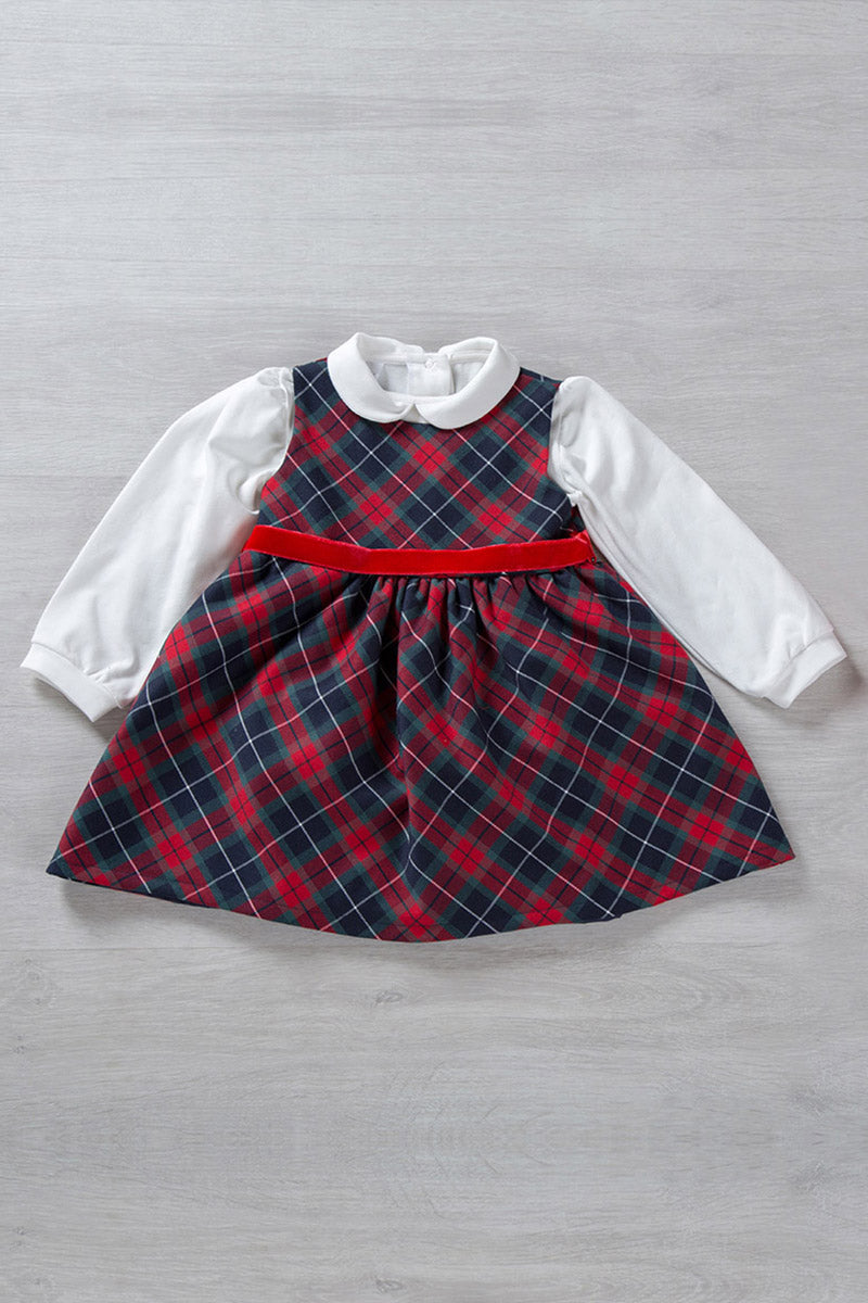 Vestitino smanicato in tessuto tartan con nastro in velluto body a camicia in cotone elasticizzato garzato