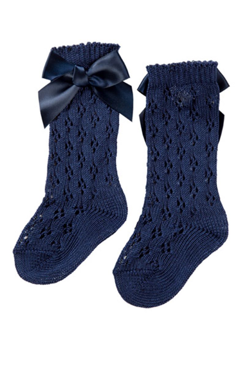 Calzino gambaletto traforato con applicazione e fiocco in cotone mercerizzato