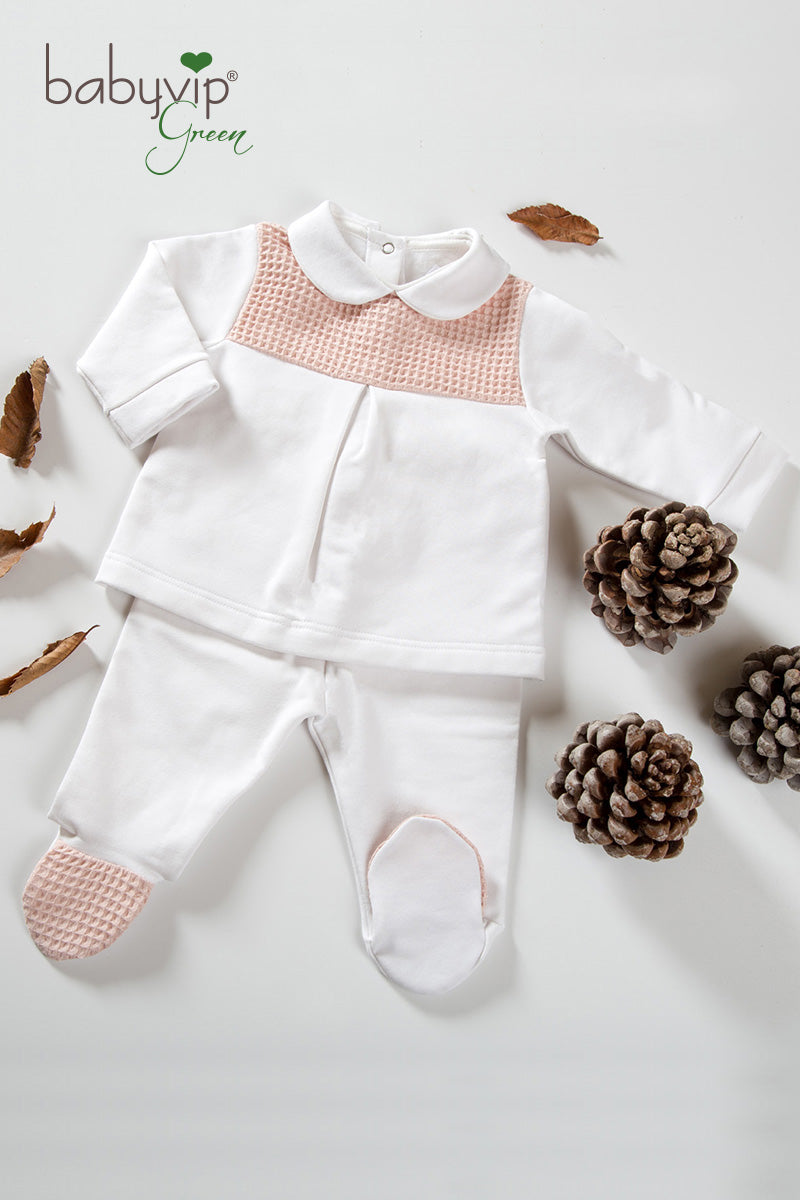 Completo 2 pezzi in felpa garzata organica con inserti in cotone organico a nido d’ape