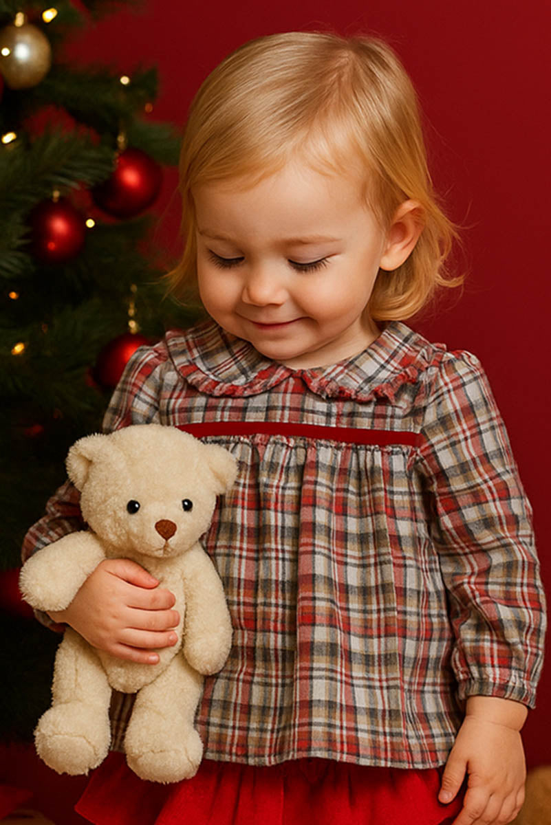 Vestitino in flanella scozzese con balza allo scollo maniche a sbuffo e taglio con rouches