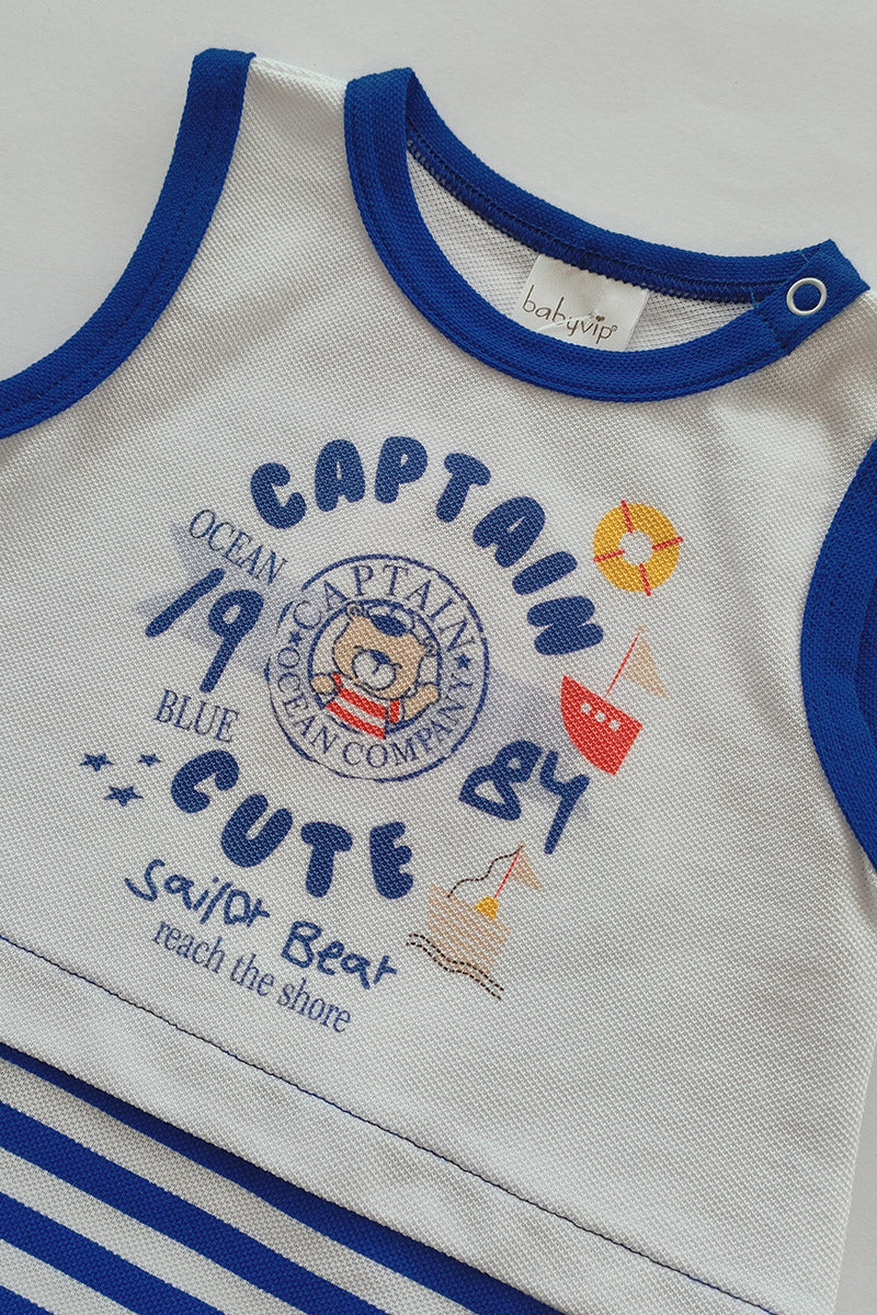 Pagliaccetto smanicato in piquet con stampa ed inserti rigati