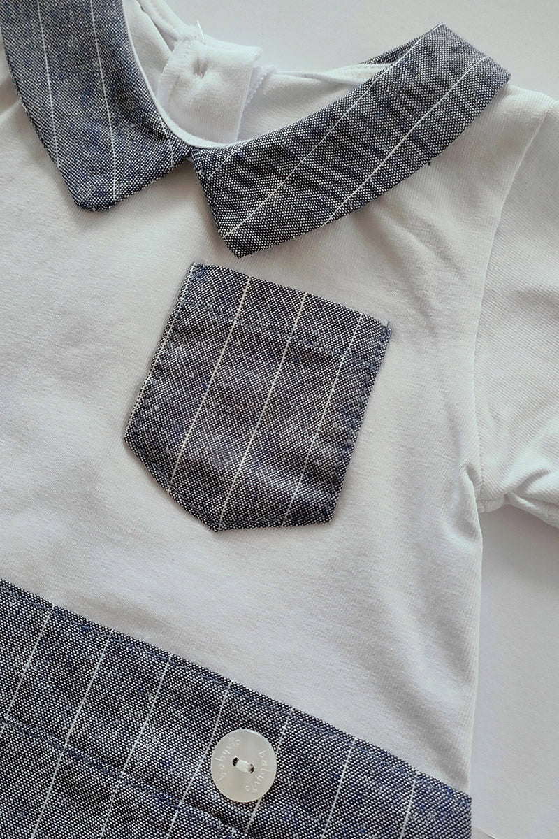 Pagliaccetto mezza manica in tela di cotone con inserti e taschino in tessuto rigato