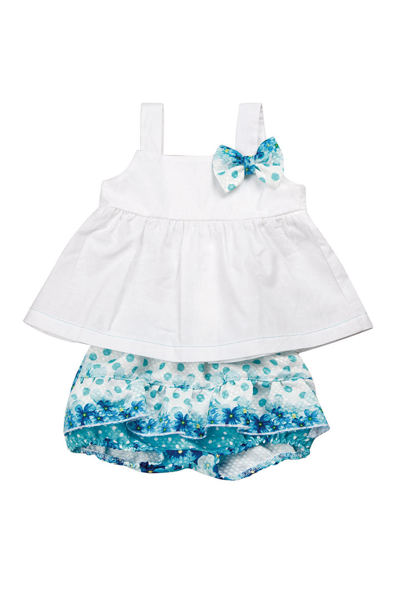 Completo 2 pezzi in tela di cotone con inserti in tessuto operato fantasia floreale e fiocco applicato