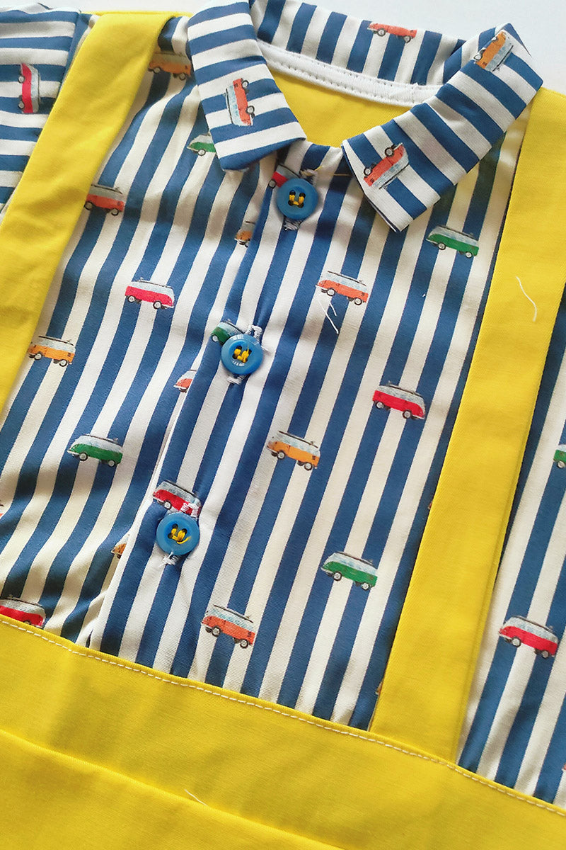 Pagliaccetto mezza manica in in tela di cotone con inserto in tessuto fantasia pulmini