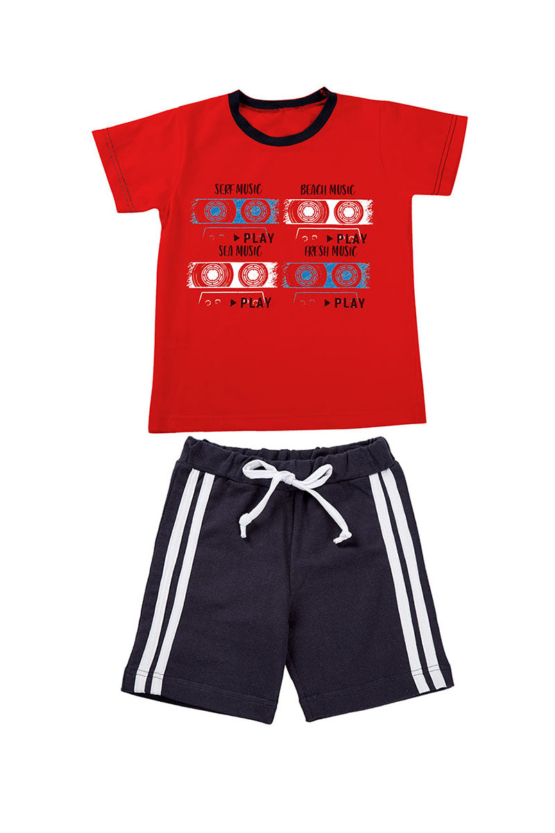 Completo mezza manica in cotone elasticizzato rigato con stampa e pantaloncino in contrasto