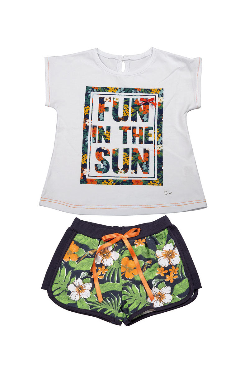 Completo mezza manica in cotone elasticizzato con stampa e applicazione + short in bielastico fantasia floreale con coulisse