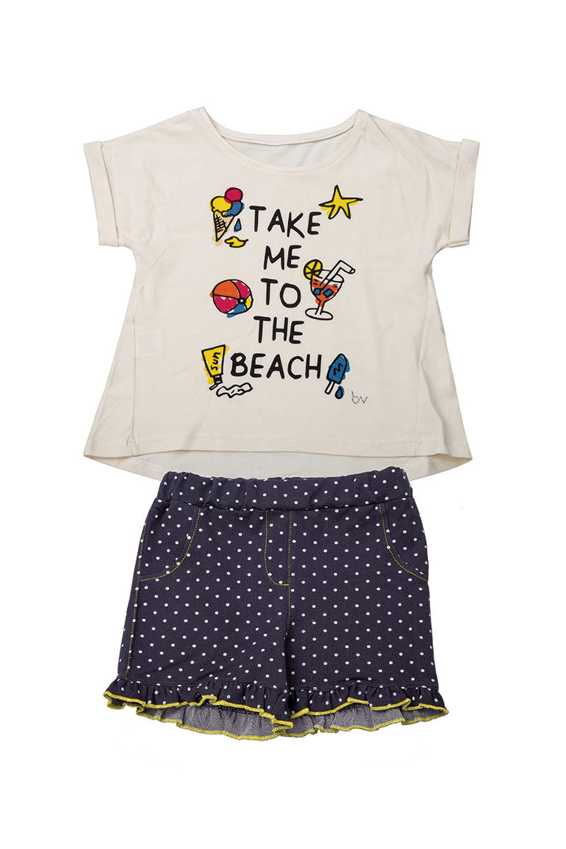 Completo mezza manica in cotone elasticizzato con stampa e risvolti + short in tessuto jeans elasticizzato fantasia a pois con rouches