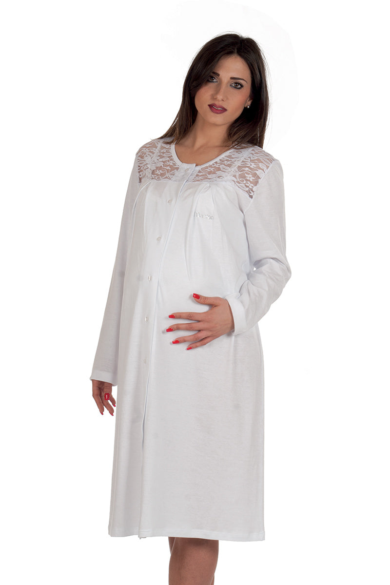 Camicia clinica a manica lunga in cotone aperta davanti con inserti in pizzo