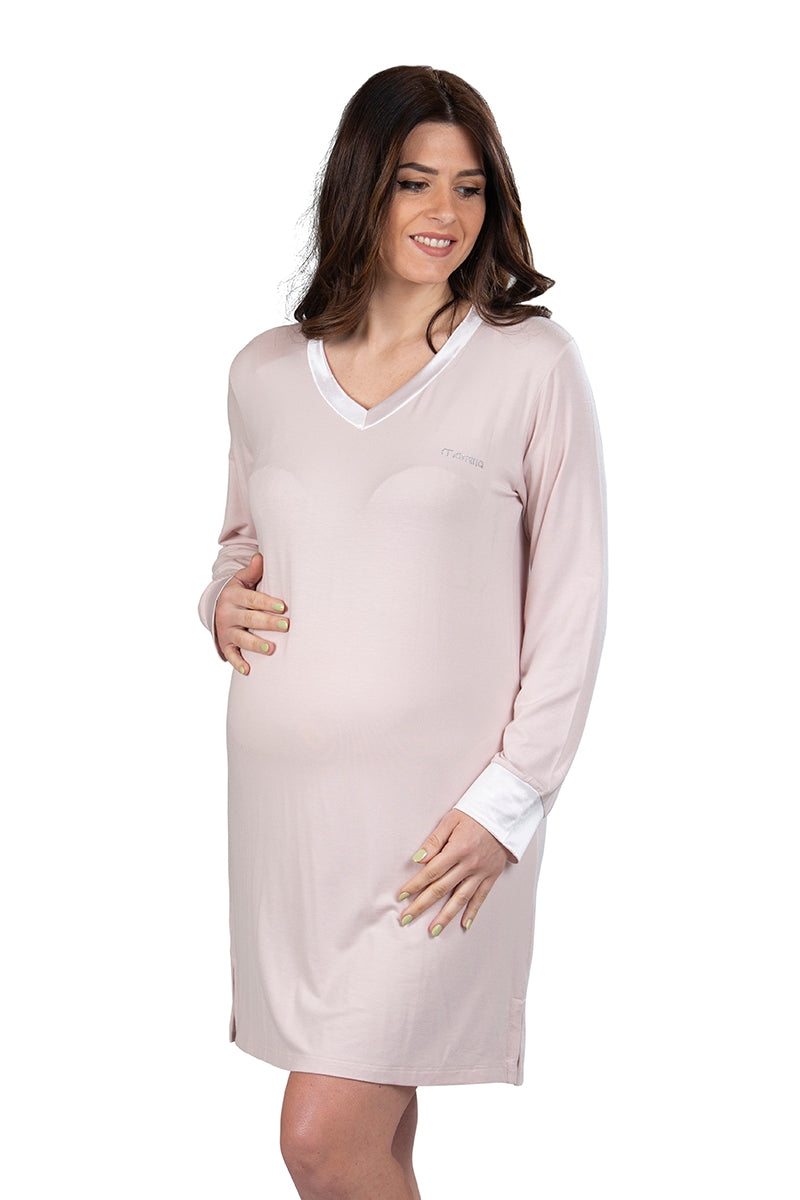 Camicia da notte manica lunga premaman scollo a V con profili in raso