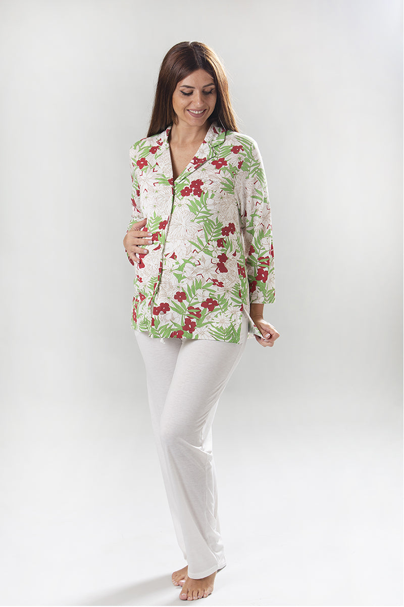 Pigiama pre-post parto manica lunga fantasia floreale e pantalone con coulisse
