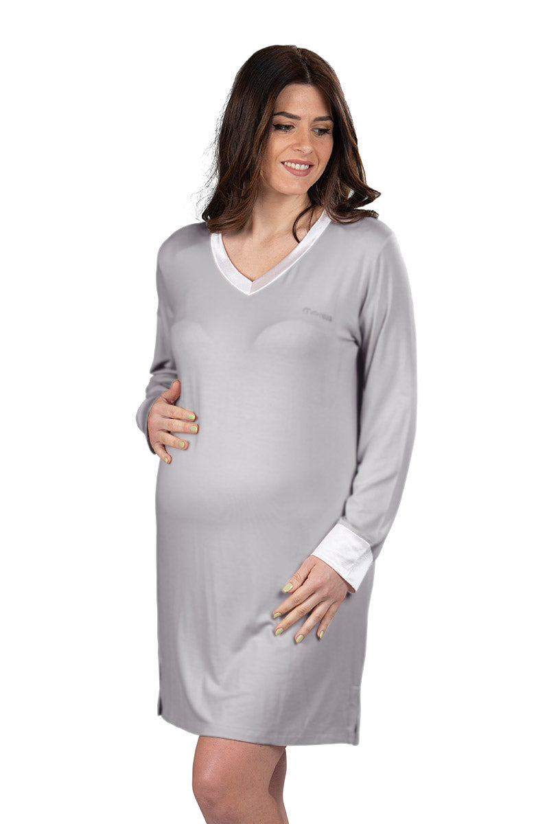 Camicia da notte manica lunga premaman scollo a V con profili in raso