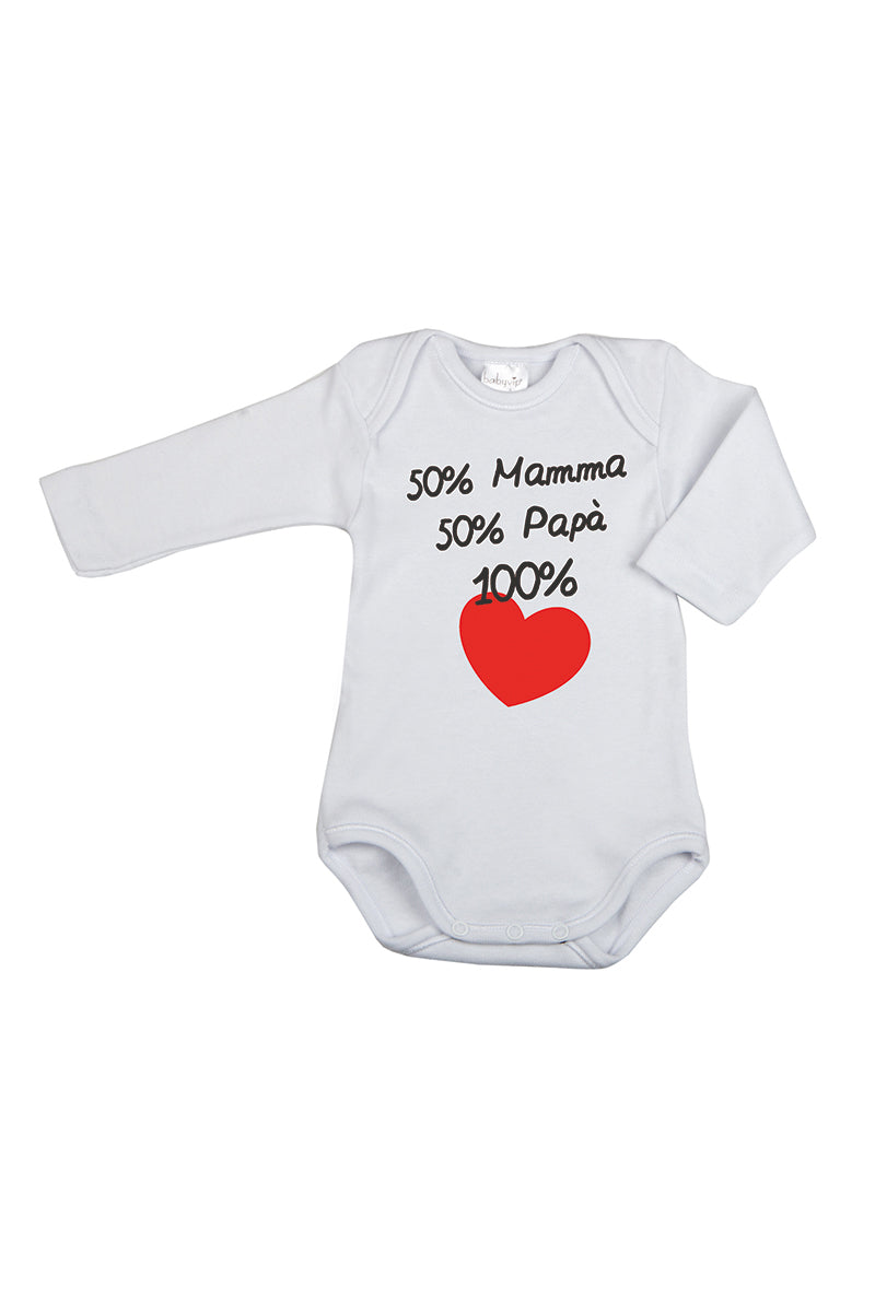 Body manica lunga con stampa "50% Mamma 50% Papà 100% Cuore"