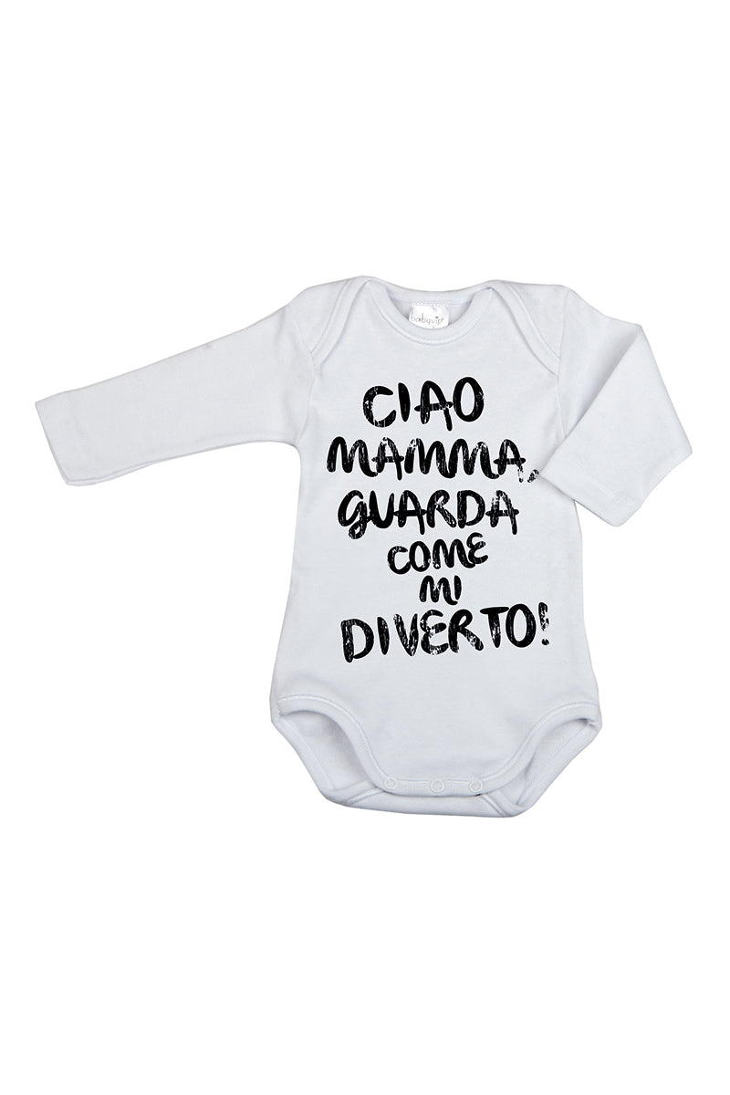Body manica lunga con stampa "Ciao Mamma, guarda come mi diverto!"
