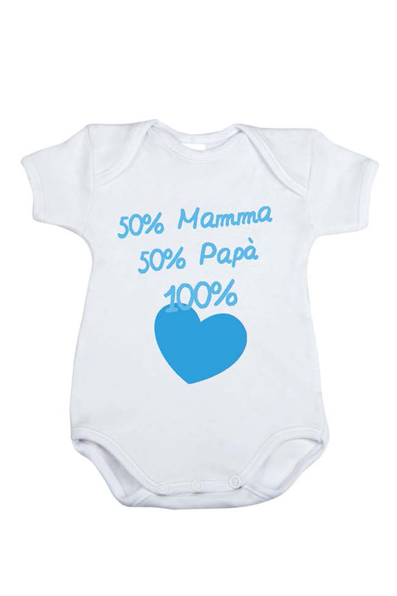 Body mezza manica in cotone con stampa "50% mamma 50% papà 100% Cuore"