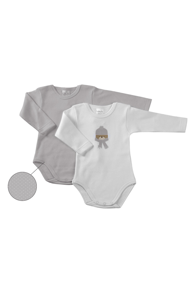 Lotto 2 pezzi body manica lunga con stampa e fantasia micropois in cotone caldo