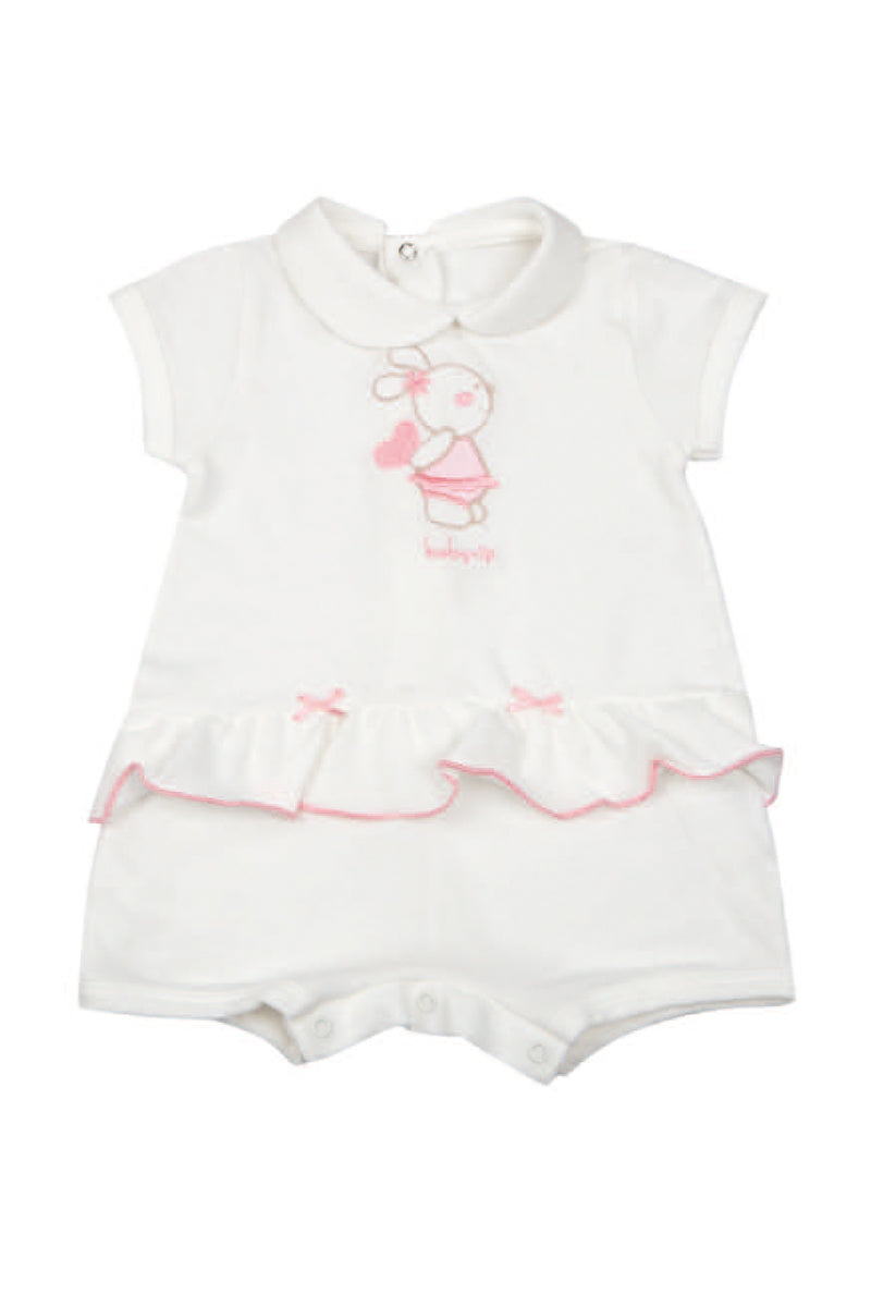 Pagliaccetto in piquet con ricamo orsetto e balza