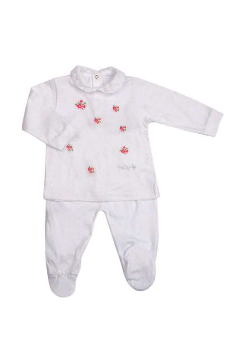 Completo 2 pezzi in jersey con ricamo fiori ed inserti in pizzo con strass