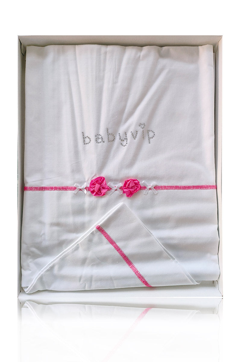 Set lenzuola 3 pezzi per carrozzina e culletta con rose, fiocchi e strass