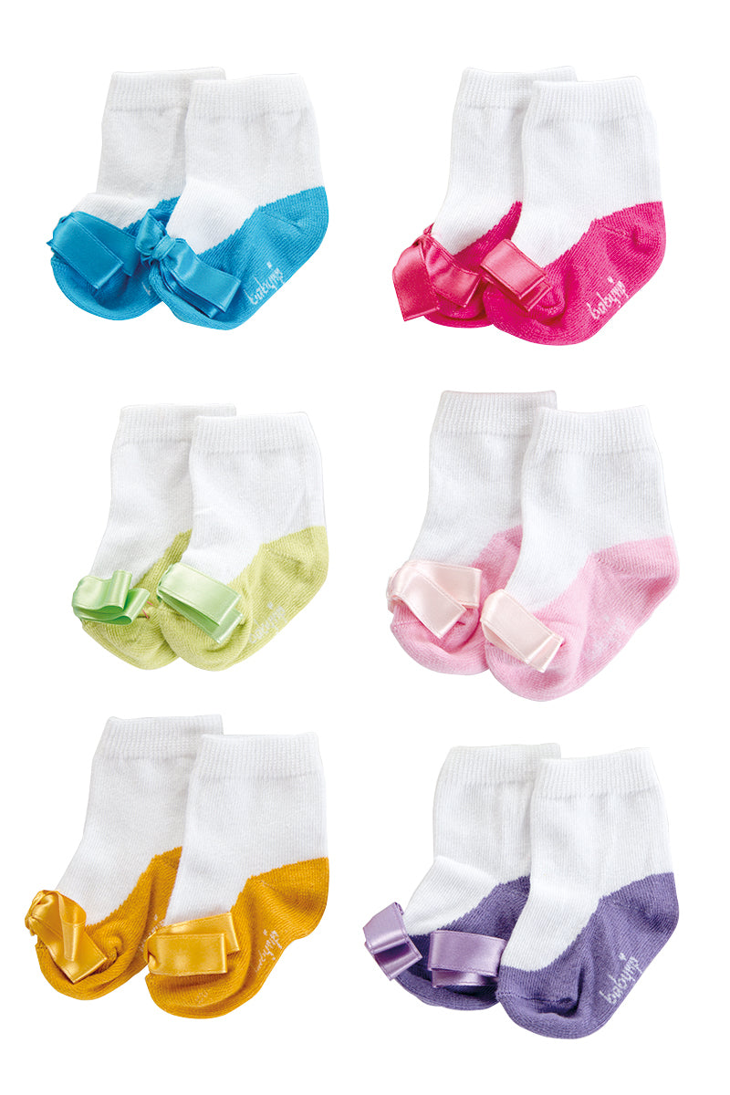 Set 6 calzini neonata a forma di scarpetta con fiocco