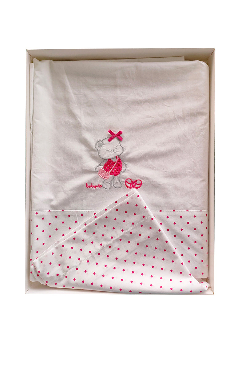 Set lenzuola 3 pezzi per carrozzina e culletta a pois con ricamo orsetta