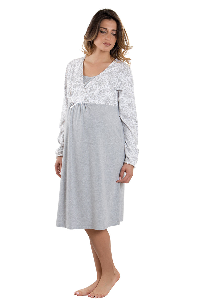 Camicia da notte pre-post parto manica lunga con taglio incrociato