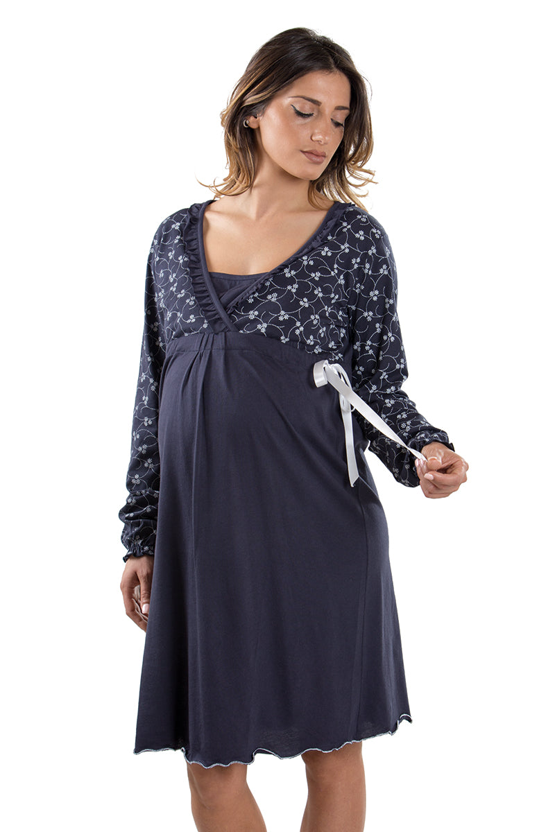 Camicia da notte pre-post parto manica lunga con taglio incrociato