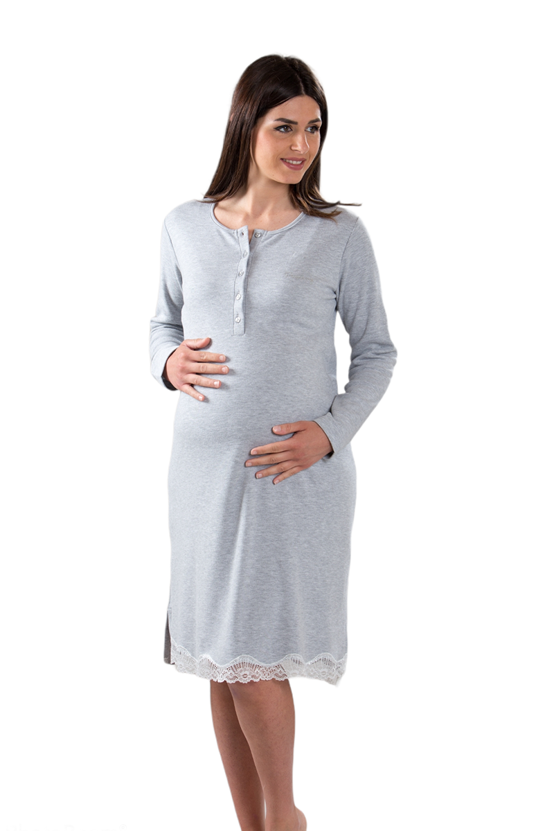 Camicia da notte pre-post parto mod.serafino manica lunga con pizzo in cotone caldo