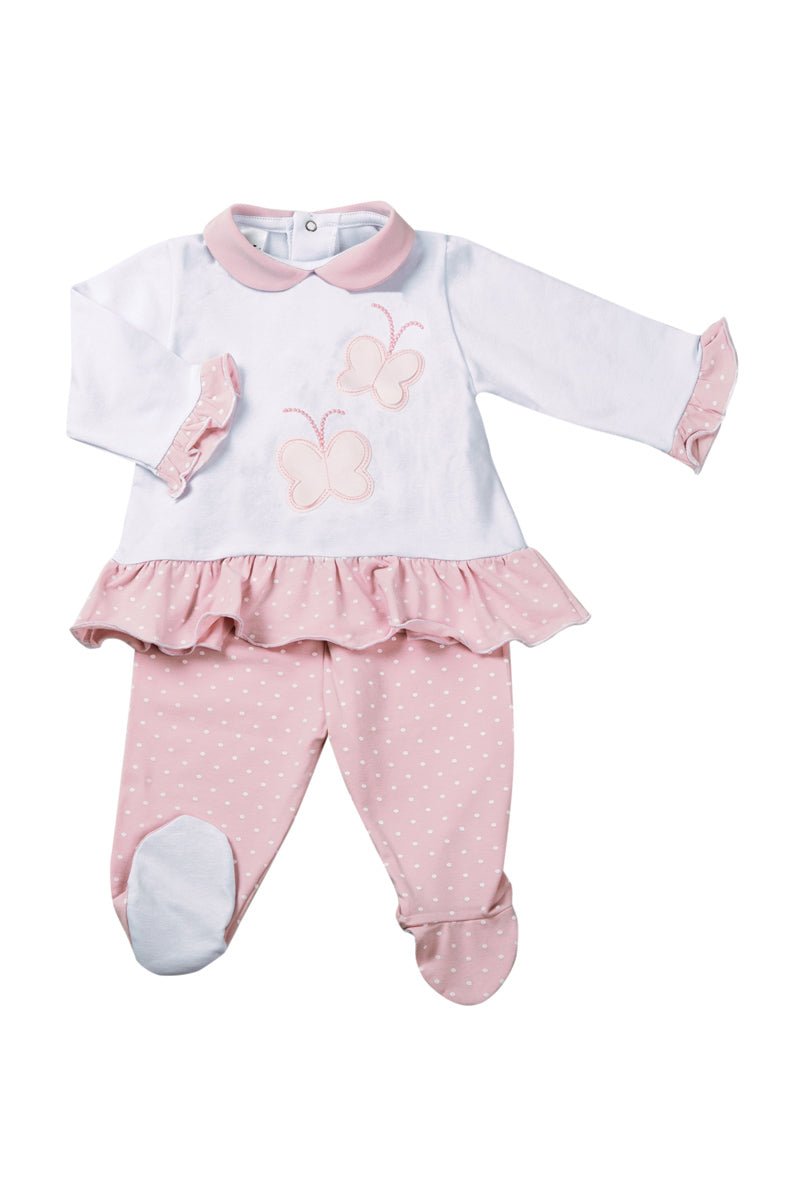 Completo 2 pezzi con ricamo farfalle e inserti a pois