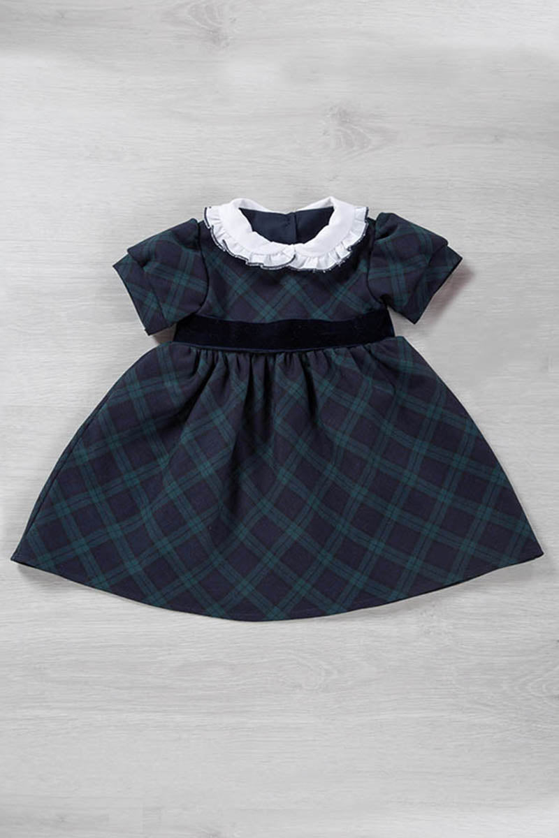 Vestitino in tessuto tartan con colletto tondo in tela di cotone con fiocco e maniche a sbuffo