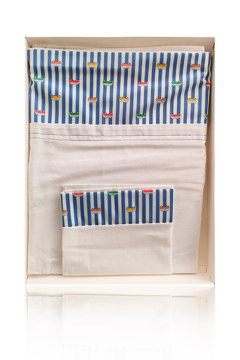 Set lenzuola 3 pezzi per carrozzina e culletta rigato con stampa all over