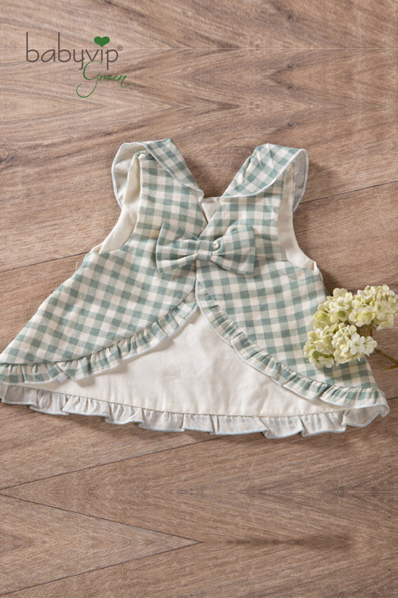 Completo 2 pezzi neonata di cotone organico fantasia vichy con short gonnellina con balza