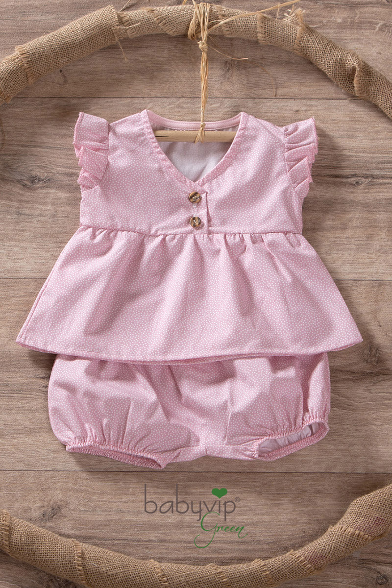 Completo 2 pezzi neonata di cotone organico fantasia micro pois + pantaloncino a palloncino