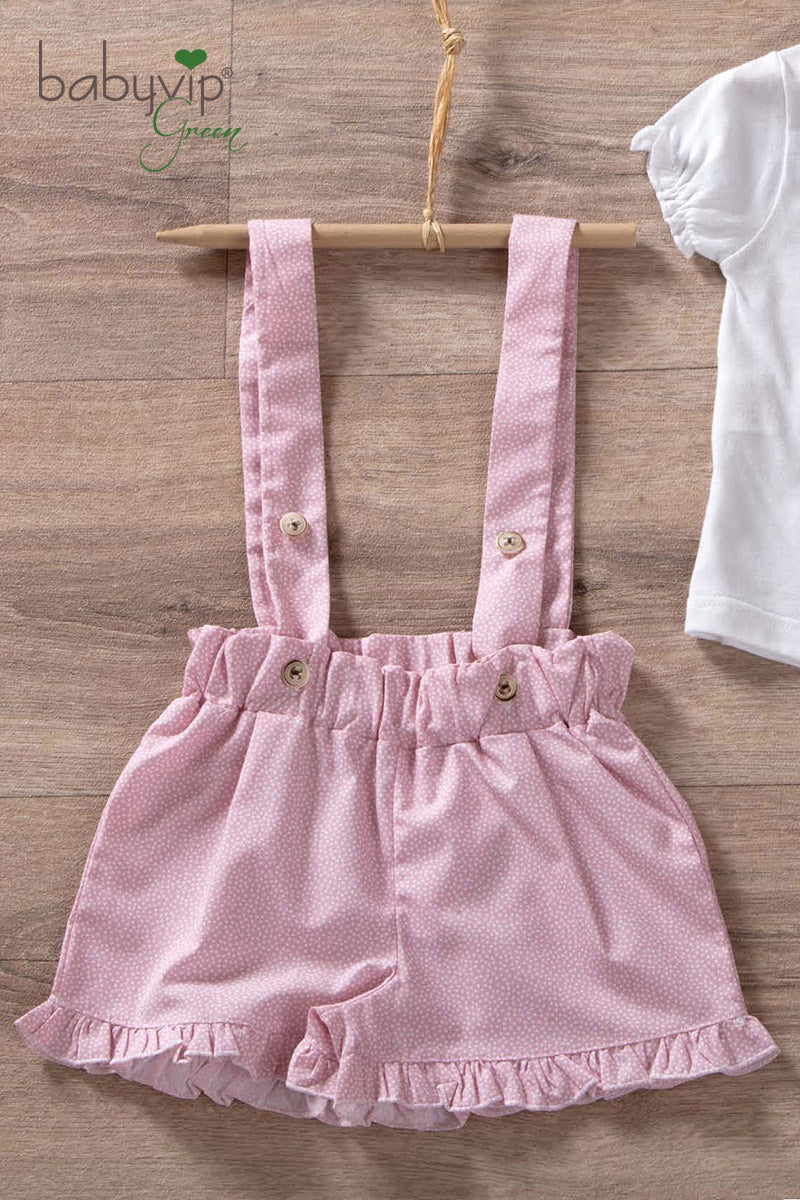 Pantaloncino con bretelle in tela di cotone organico con rouches