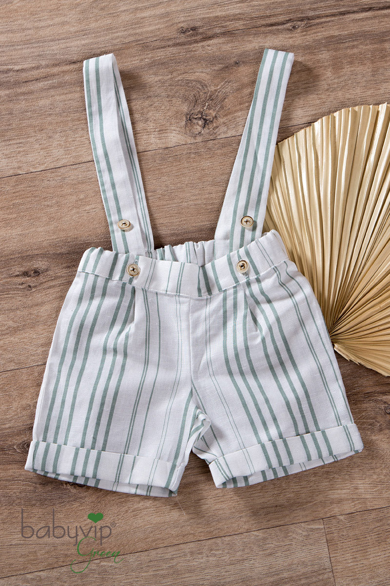 Bermuda con bretelle in lino con pence