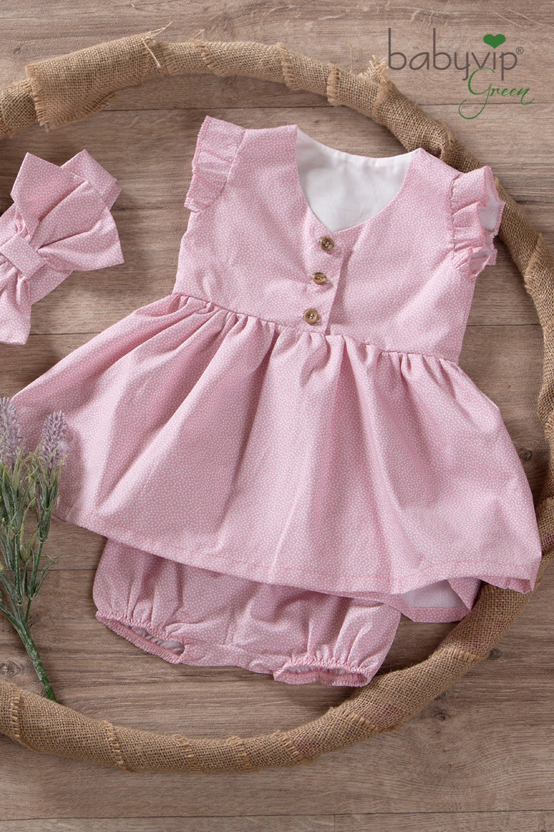 Vestitino in tela di cotone organico con fantasia micro pois e scollatura a V