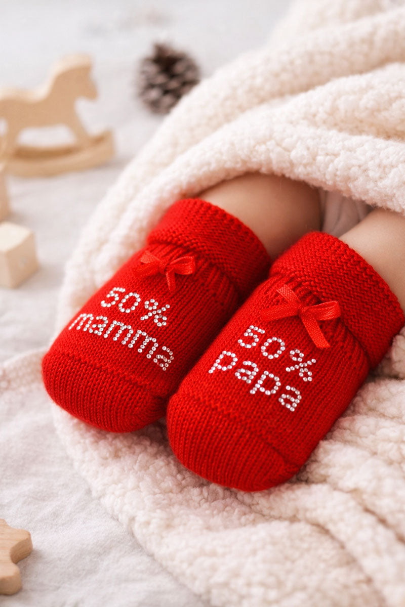 Scarpina neonato in cotone caldo con strass "50% papà 50% mamma"