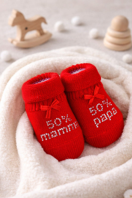 Scarpina neonato in cotone caldo con strass "50% papà 50% mamma"