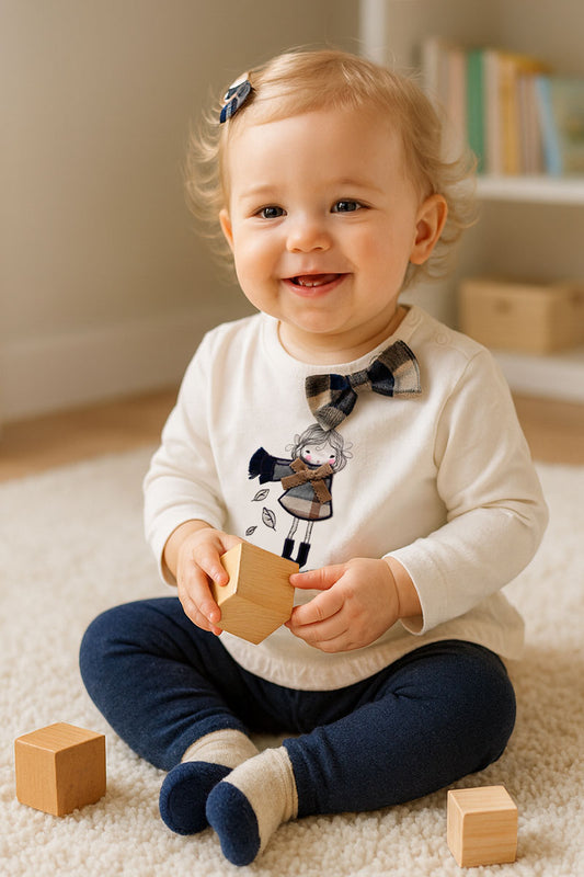 Maglia in cotone elasticizzato garzato con stampa e ricamo con fiocco applicato